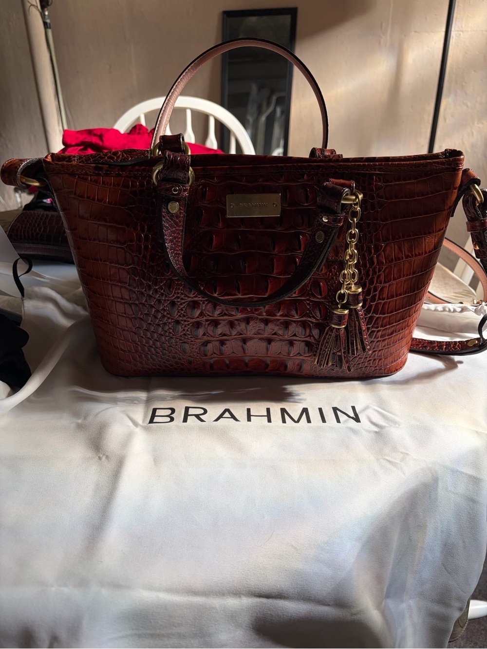 Brahmin Mahogany Croc-Embossed Leather Satchel with Tassel Charm